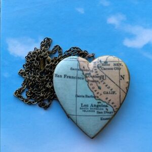California Coast Map Love Heart Locket with Chain Brass